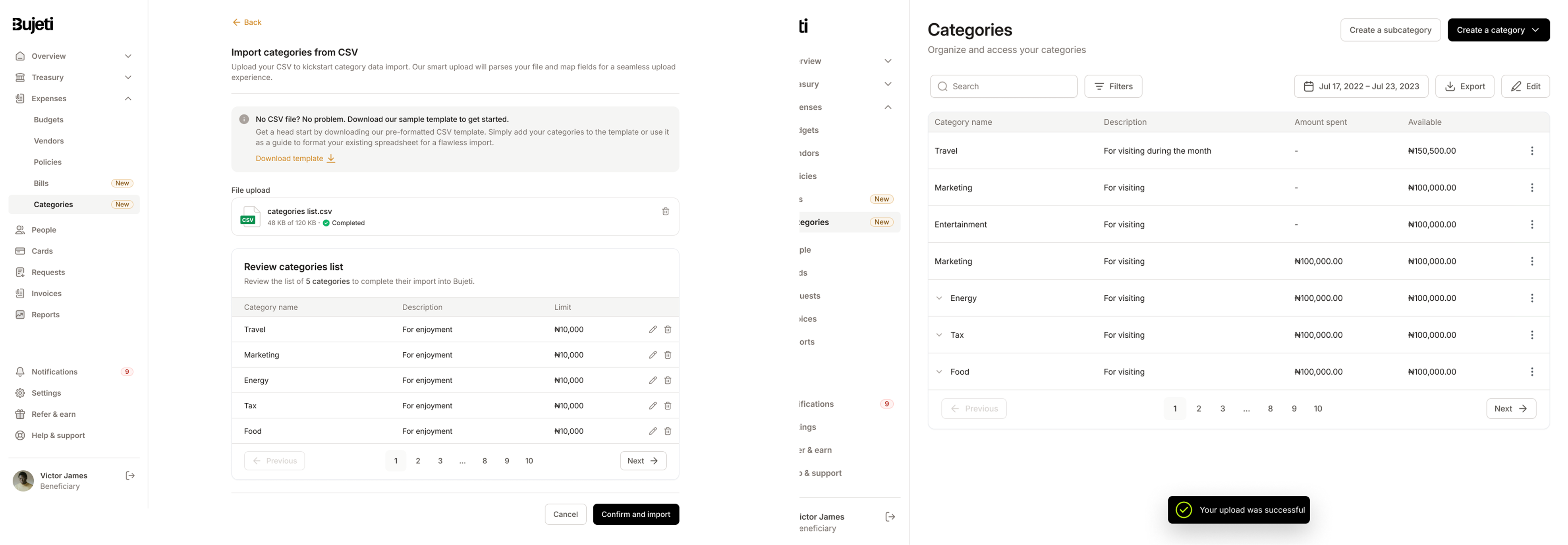 Upload CSV - review list and success